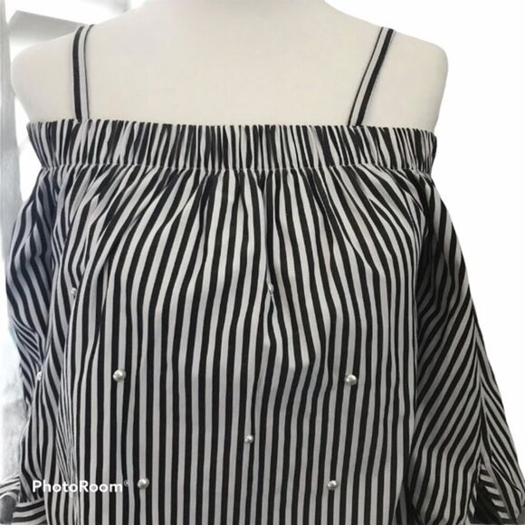 BCX Striped Pearl Off Shoulder Blouse Black White Stripes Size XS - Picture 5 of 8